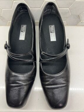 US9 M MUNRO AMERICAN BLACK LEA 1.75" HEEL SLIP ON MARY JANE COMFORT SHOES
